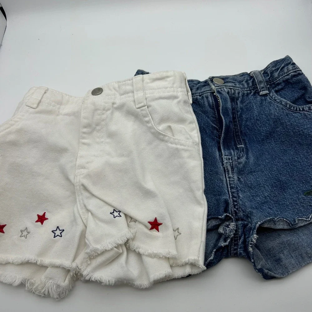 OshKosh Bgosh Vintage 4T Denim Shorts Set White Star Blue Floral Embroidered 90s
